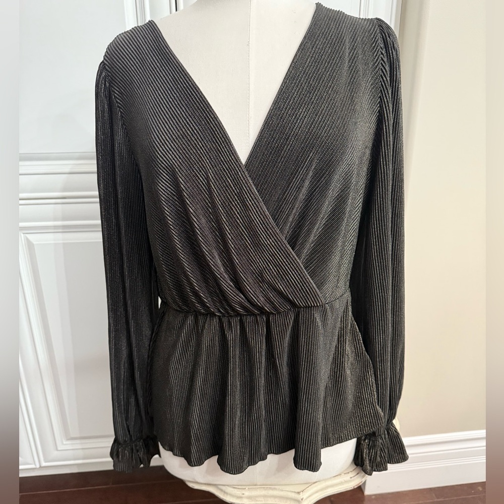 Chenault Size XL Brown w/Gold Tread Metallic Crossover Peplum Blouse